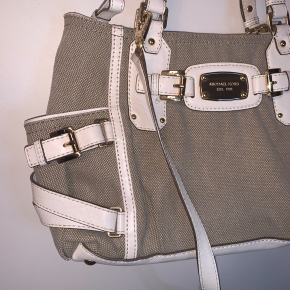 Michael Kors Gansevoort Canvas Satchel Leather Handbag Tan White - Picture 8 of 12